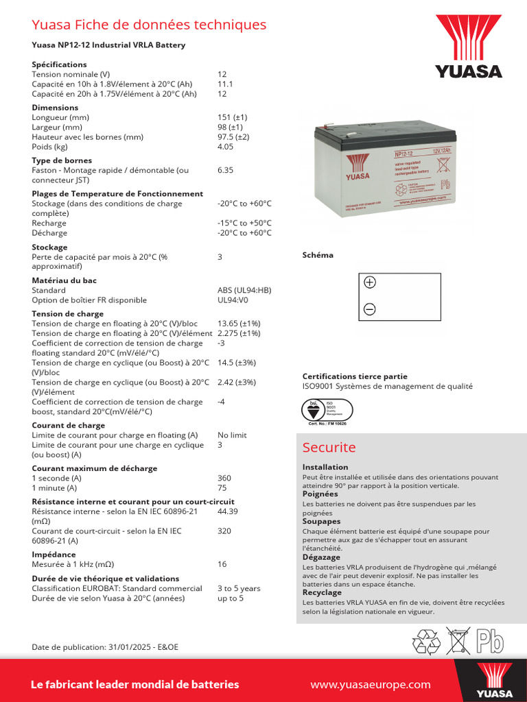 Batterie VRLA Yuasa NP12-12 Spécifications | PDF | Électricité ...