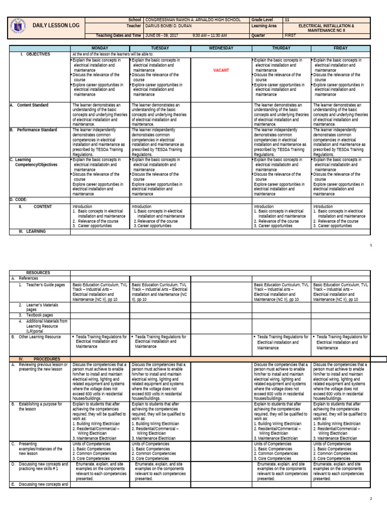 Electrical Installation Lesson Plan | PDF | Electrician | Curriculum