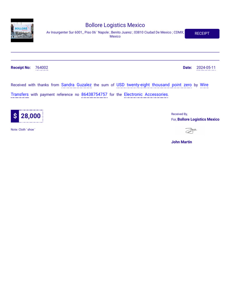 Receipt for Bolloré Logistics Mexico | PDF