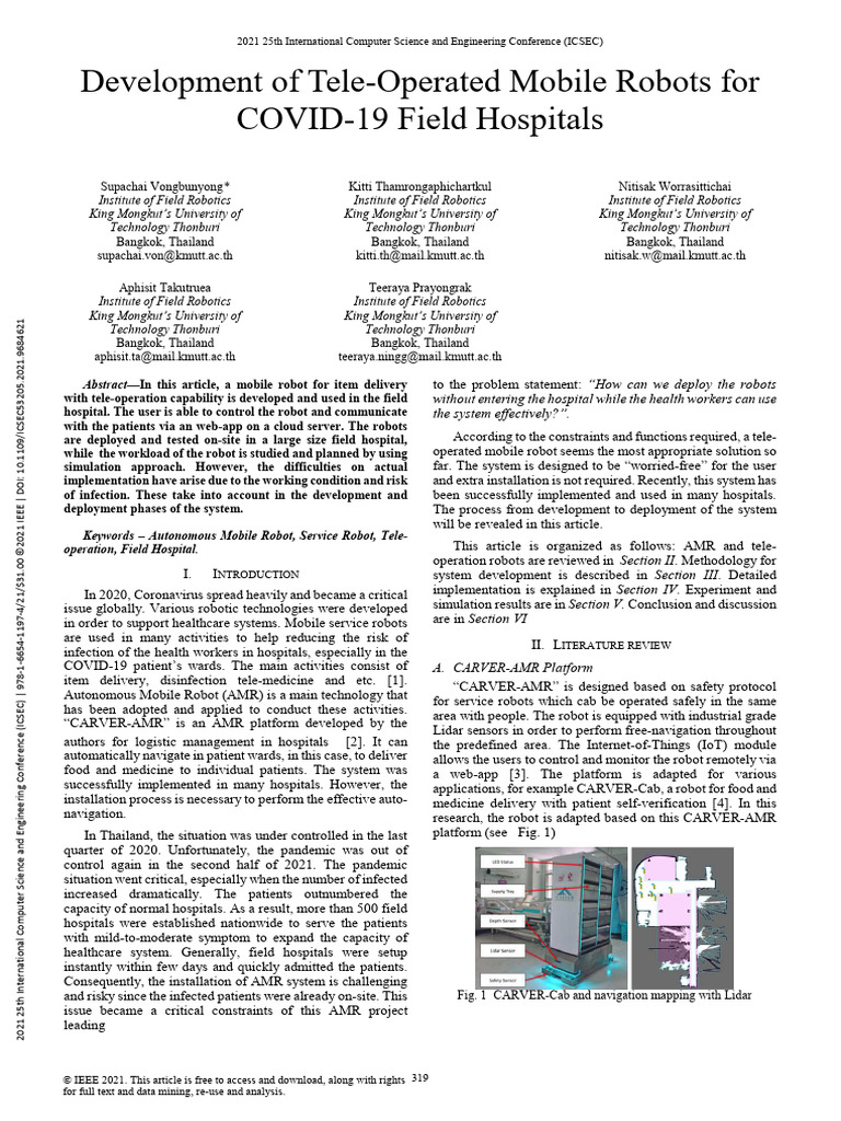 Tele-Operated Robots for COVID-19 Hospitals | PDF | Robot | Robotics