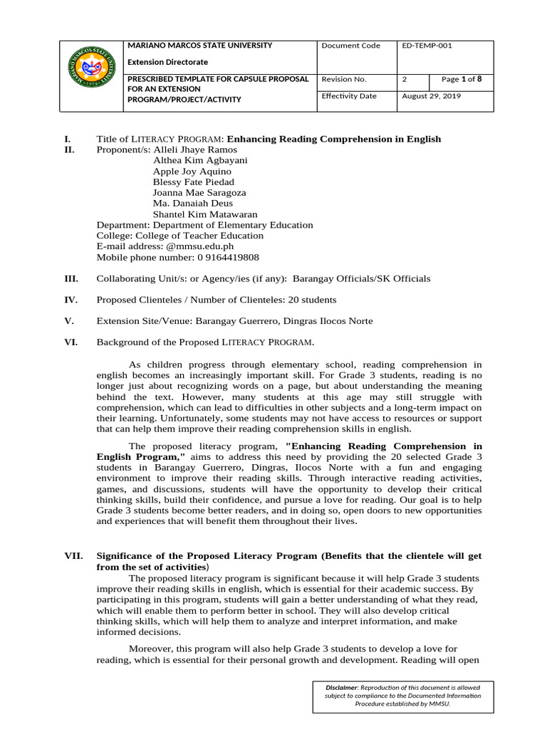 Literacy Program Proposal for Grade 3 | PDF | Reading Comprehension ...
