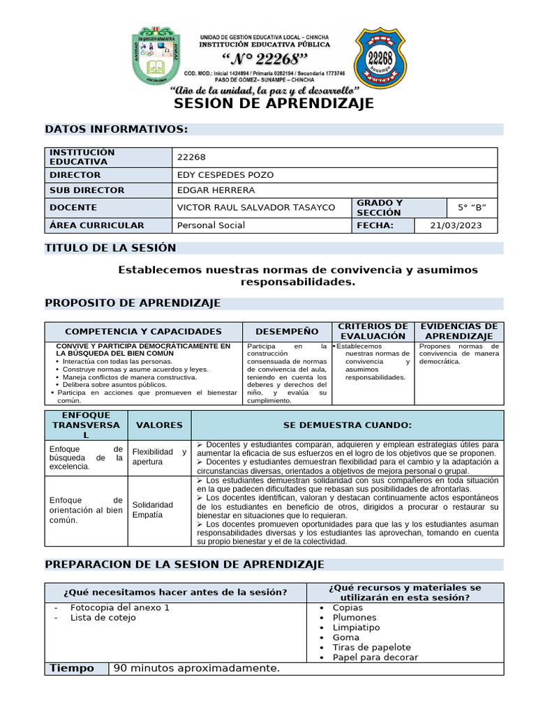 Normas de Convivencia en el Aula 5°B | PDF | Enseñando | Salón de clases