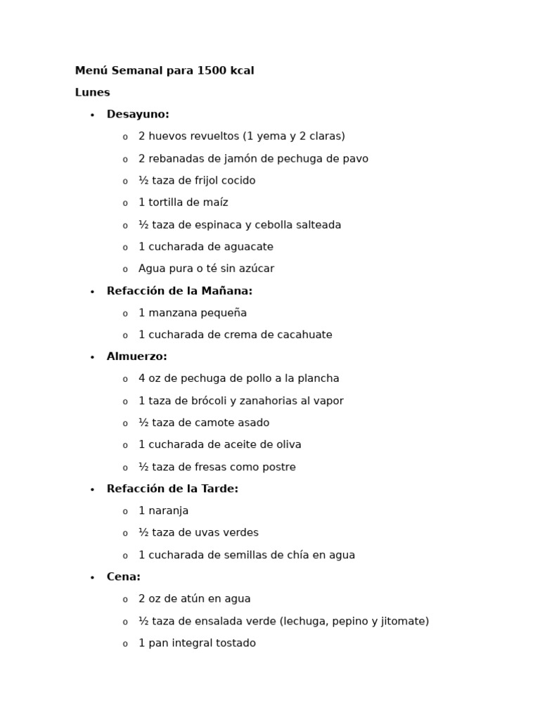 Menú Semanal de 1500 kcal | PDF | ensalada | Alimentos