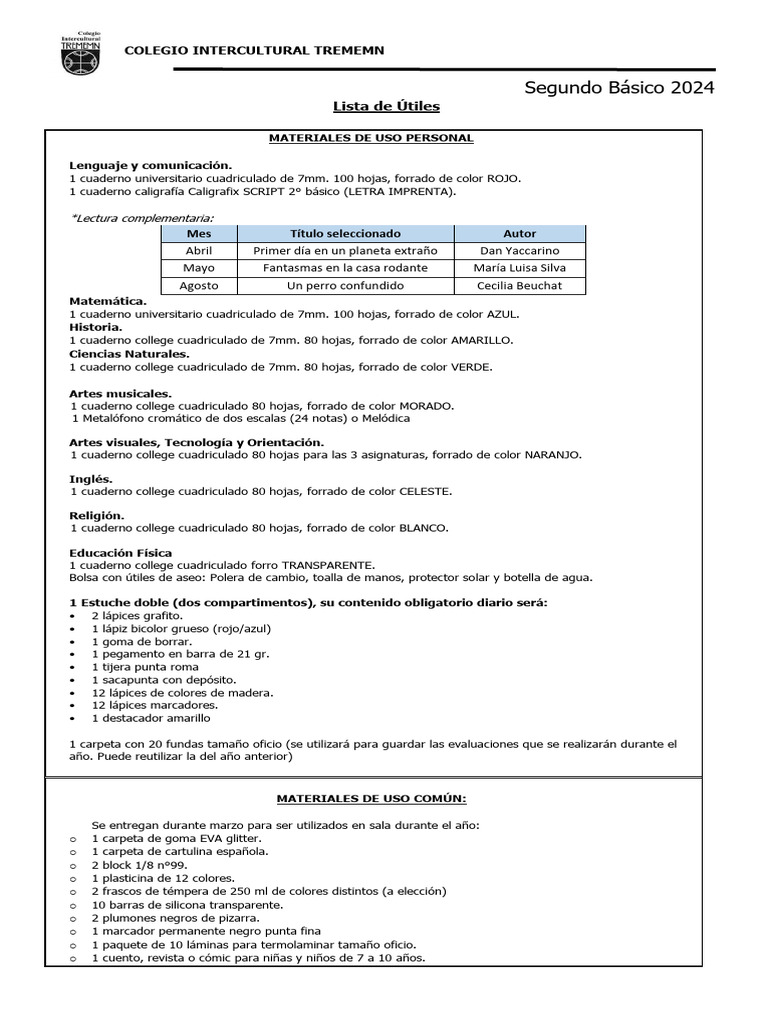 Lista de útiles Segundo Básico 2024 | PDF | Color | Lápiz