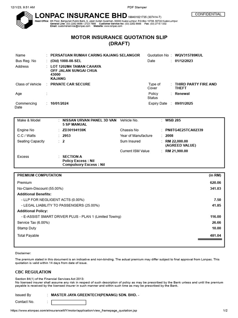 Motor Insurance Quotation Slip | PDF | Insurance | Vehicles