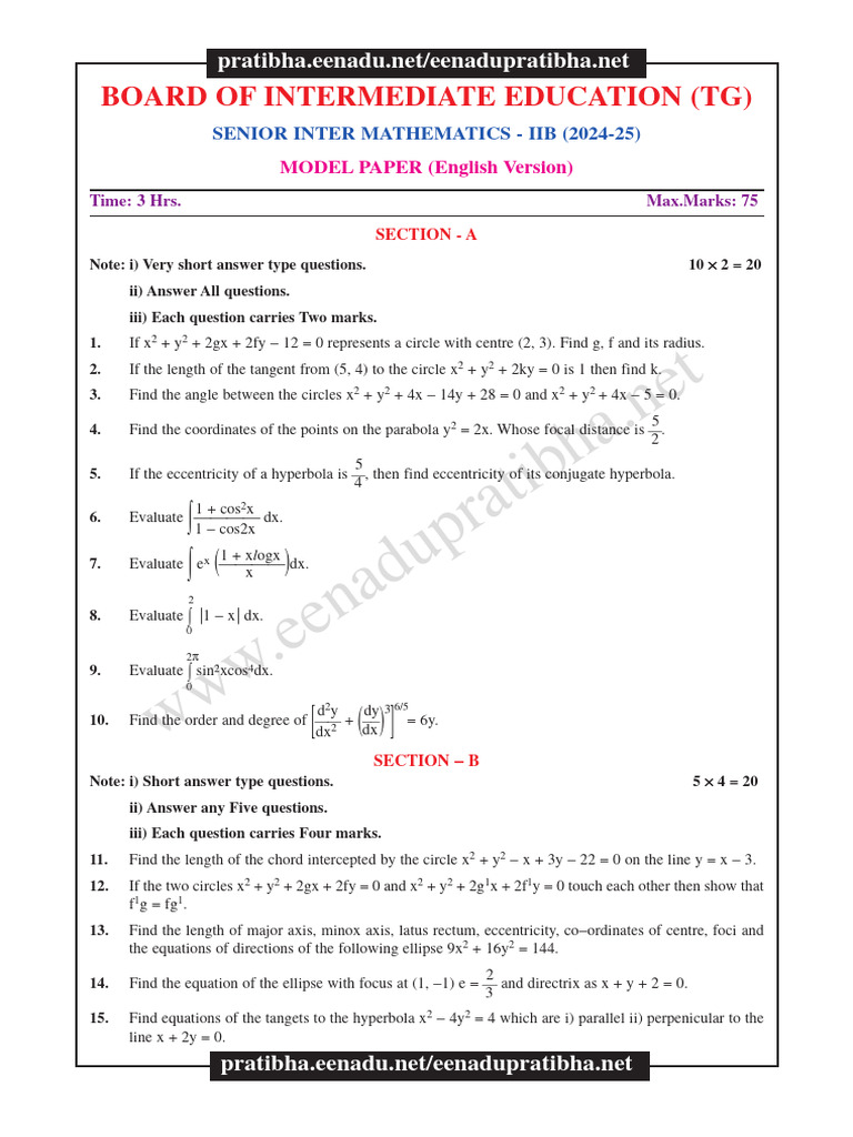 TG Senior Inter Mathematics Model Paper | PDF | Ellipse | Euclid