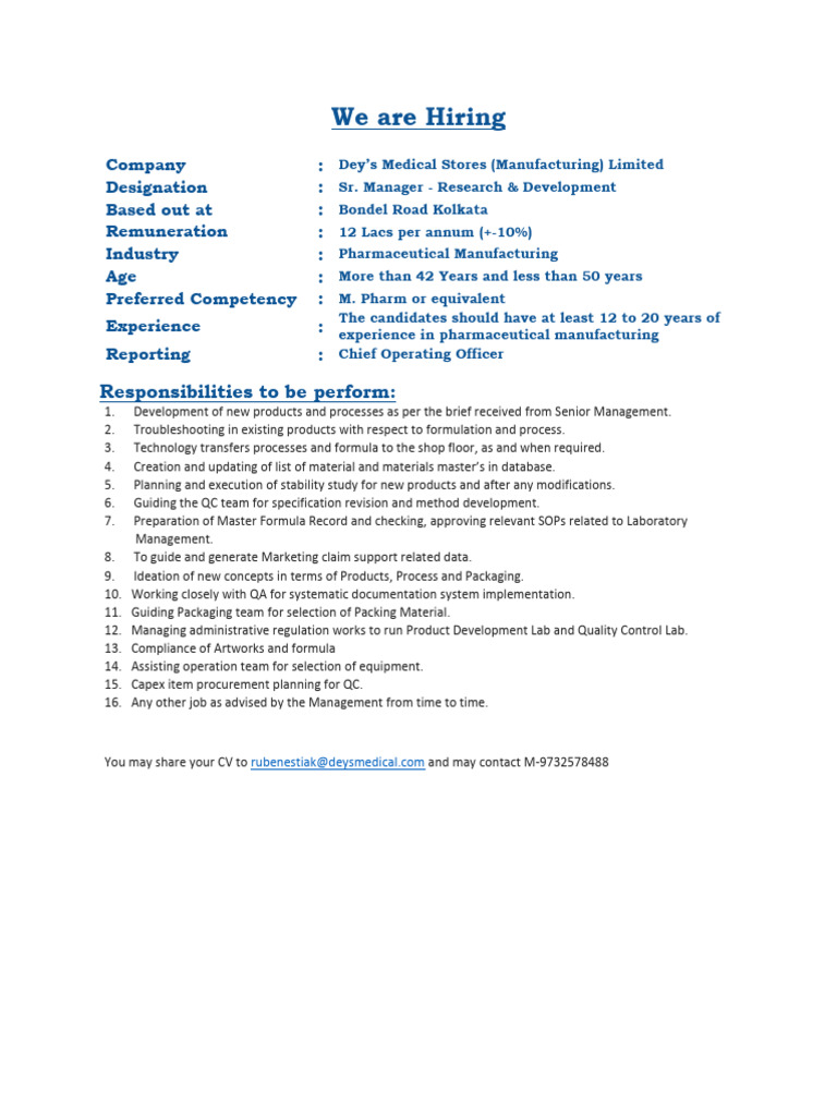 We Are Hiring Sr. Manager - Research & Development | PDF
