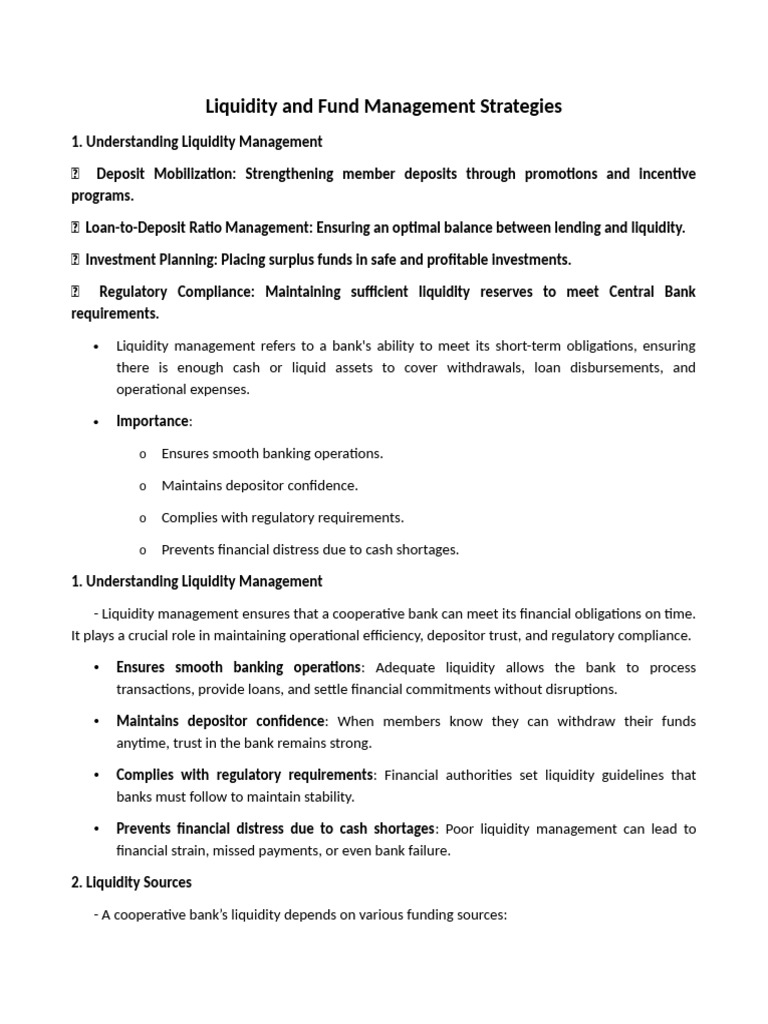 Liquidity Management for Cooperative Banks | PDF | Market Liquidity | Banks