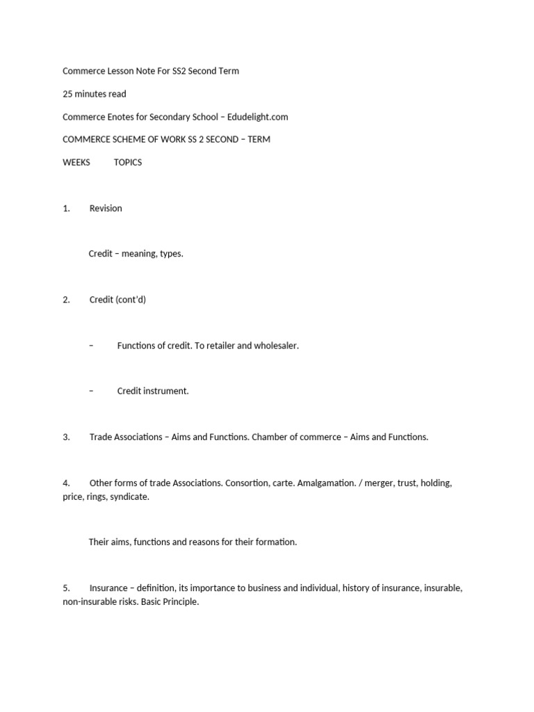 Commerce Lesson Note Ss2 Second Term | PDF | Insurance | Indemnity