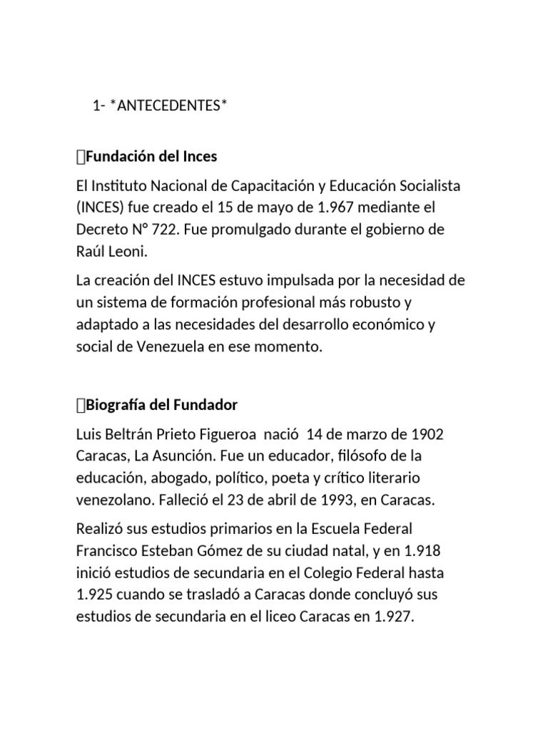 Historia del INCES en Venezuela | PDF | Educación vocacional | Venezuela