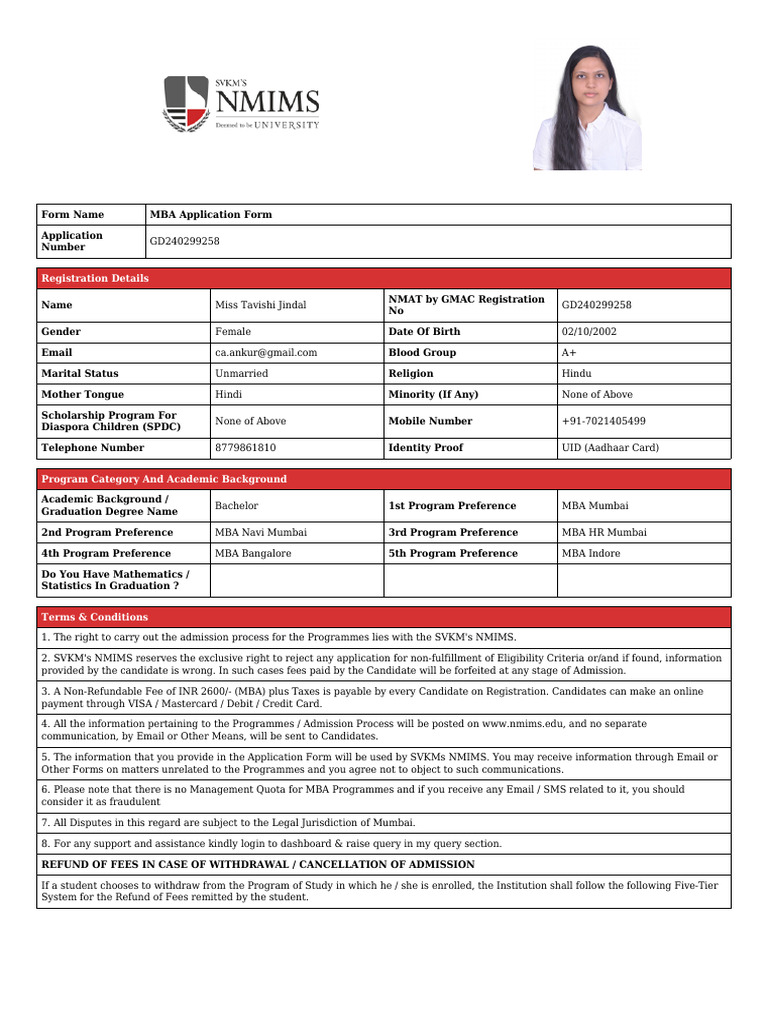 MBA Application Form for NMIMS | PDF | Payments