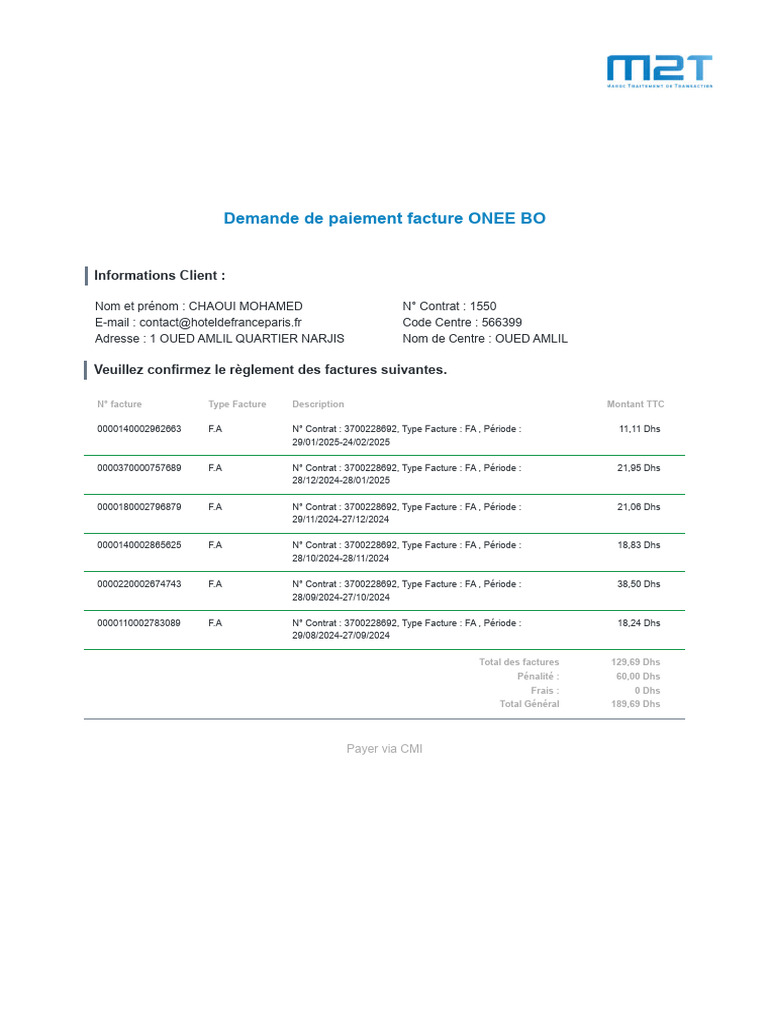 Récapitulatif Paiement Factures ONEE BO | PDF