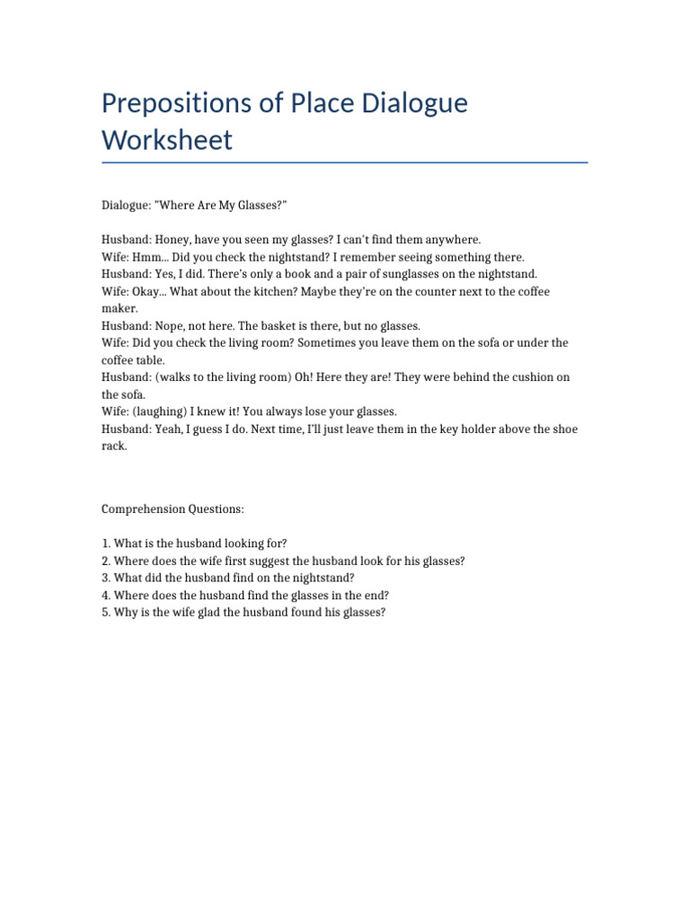 Prepositions of Place Worksheet | PDF