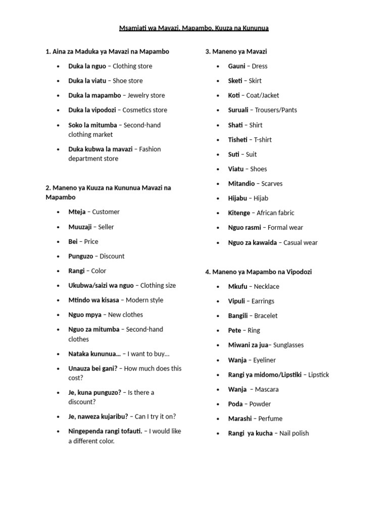 Aina na Msamiati wa Mapambo na Mavazi | PDF
