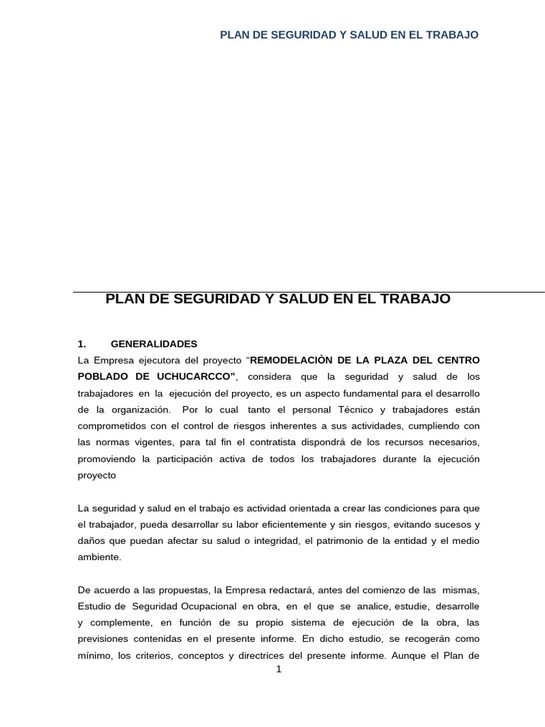 Plan de Seguridad y Salud en El Trabajo C.S.1 | PDF | Seguridad y salud ...