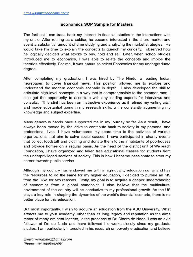 Economics SOP Sample For MS PDF | PDF