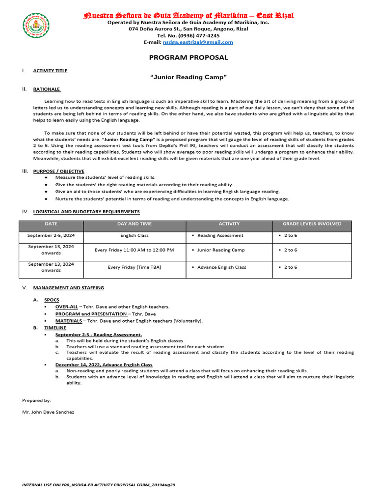 Activity Proposal Reading Camp Month Sy2024 2025 Pdf Pedagogy