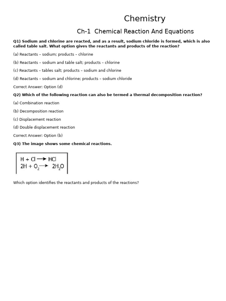 Chemistry Class 10 Pdf Chemical Reactions Chlorine
