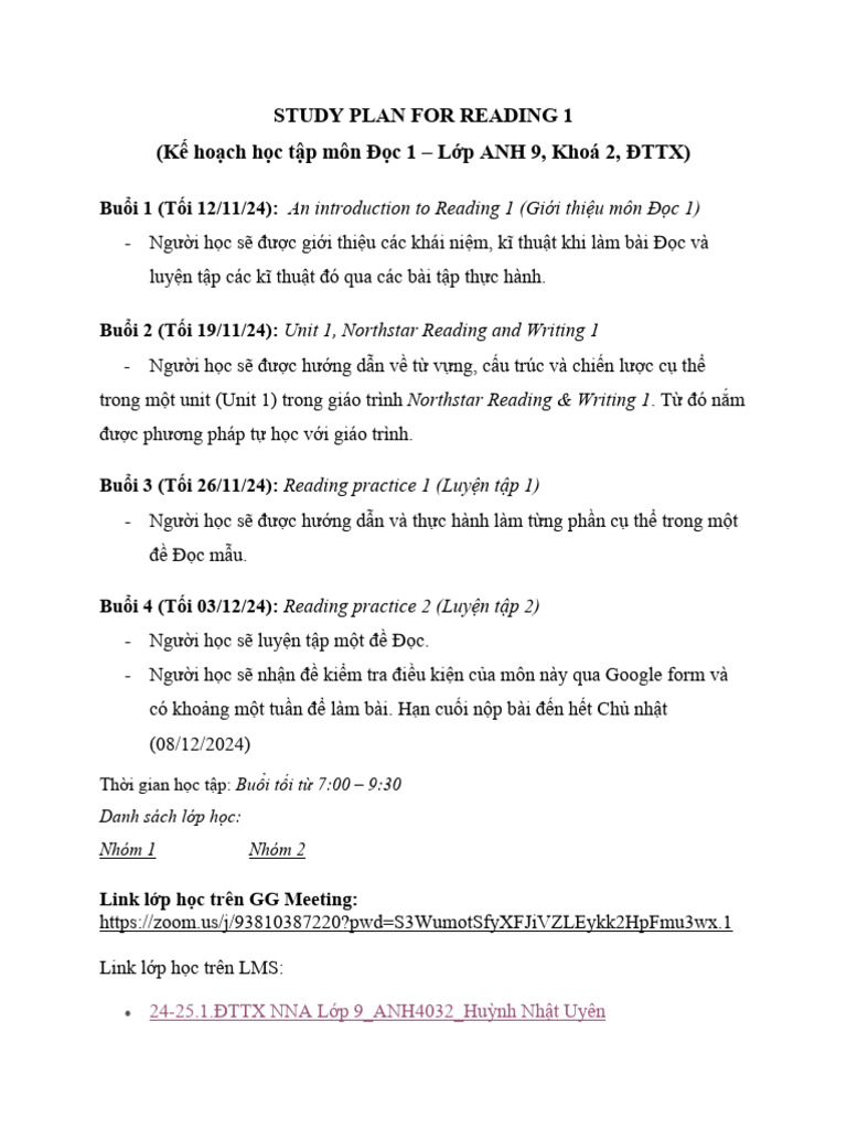 STUDY PLAN FOR READING 1 - ĐTTX Lớp 9 | PDF