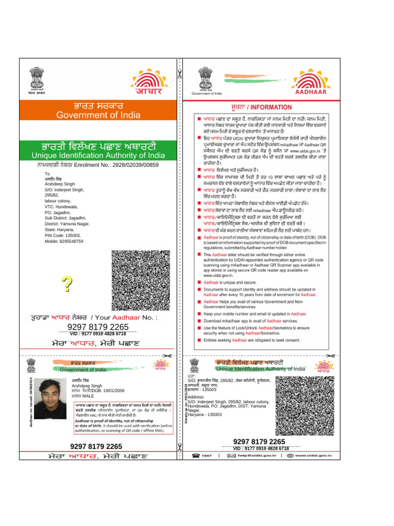 Aadhaar Card Details for Arshdeep Singh | PDF | Authentication | Access ...