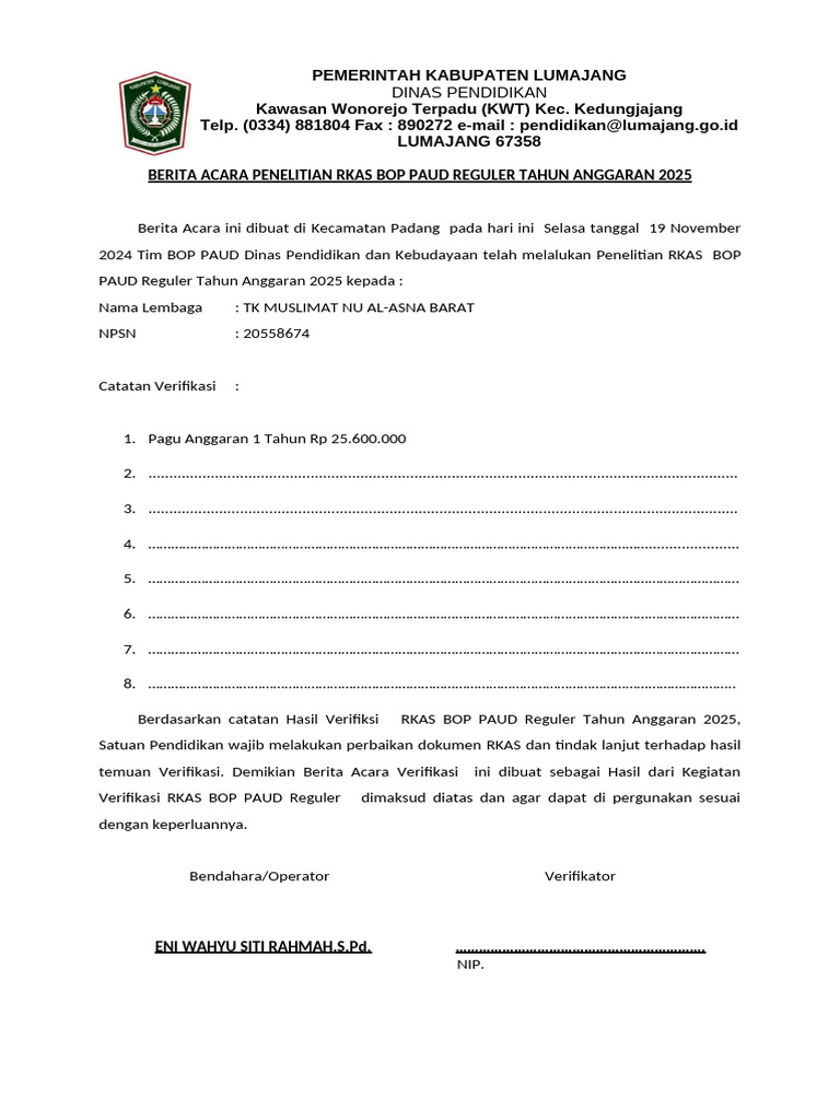 Verifikasi RKAS BOP PAUD 2025 Lumajang | PDF
