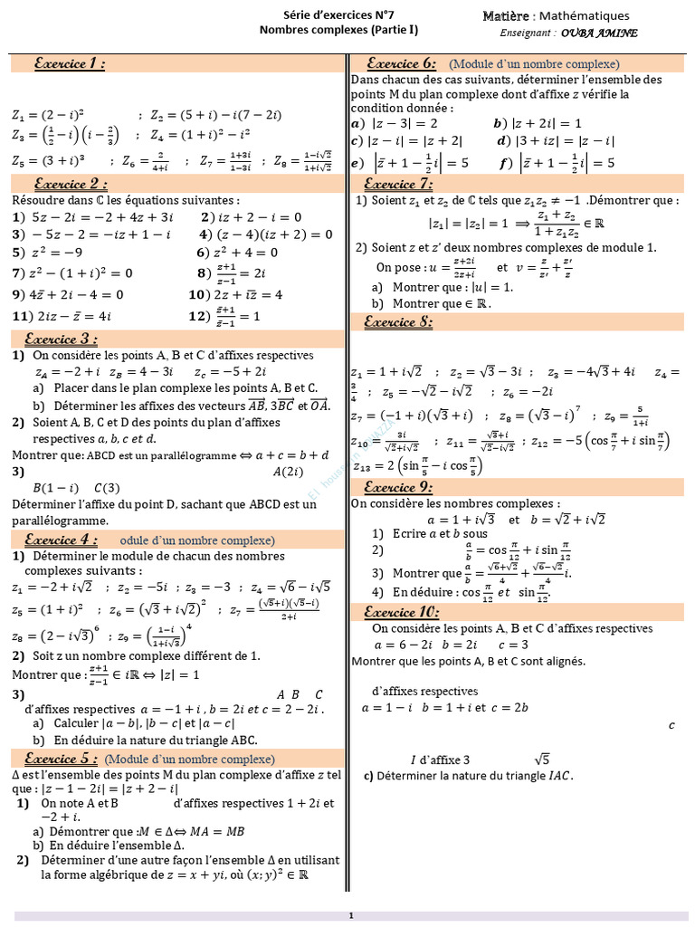 Exercices corrigés sur les nombres complexes | PDF | Nombre complexe ...