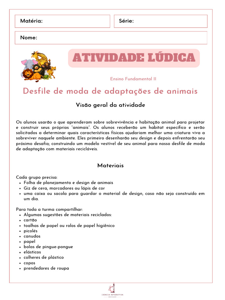 Atividade de Design de Animais Adaptativos | PDF | Ambiente natural ...