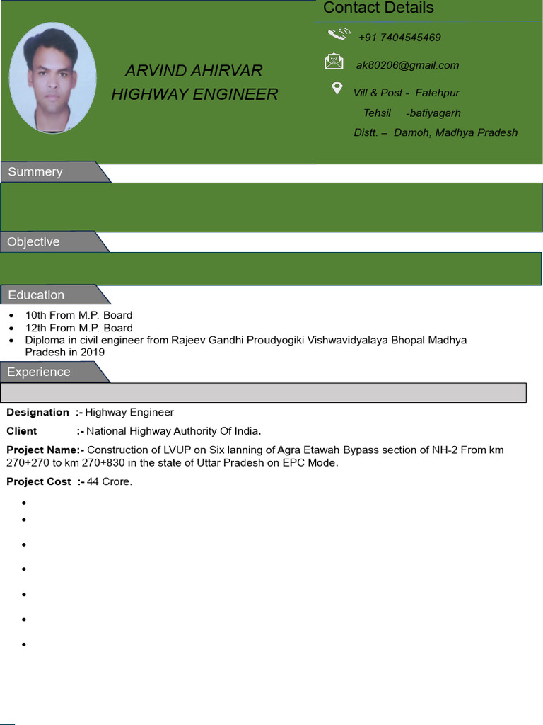 Civil Engineer Resume: Arvind Ahirvar | PDF | Specification (Technical ...