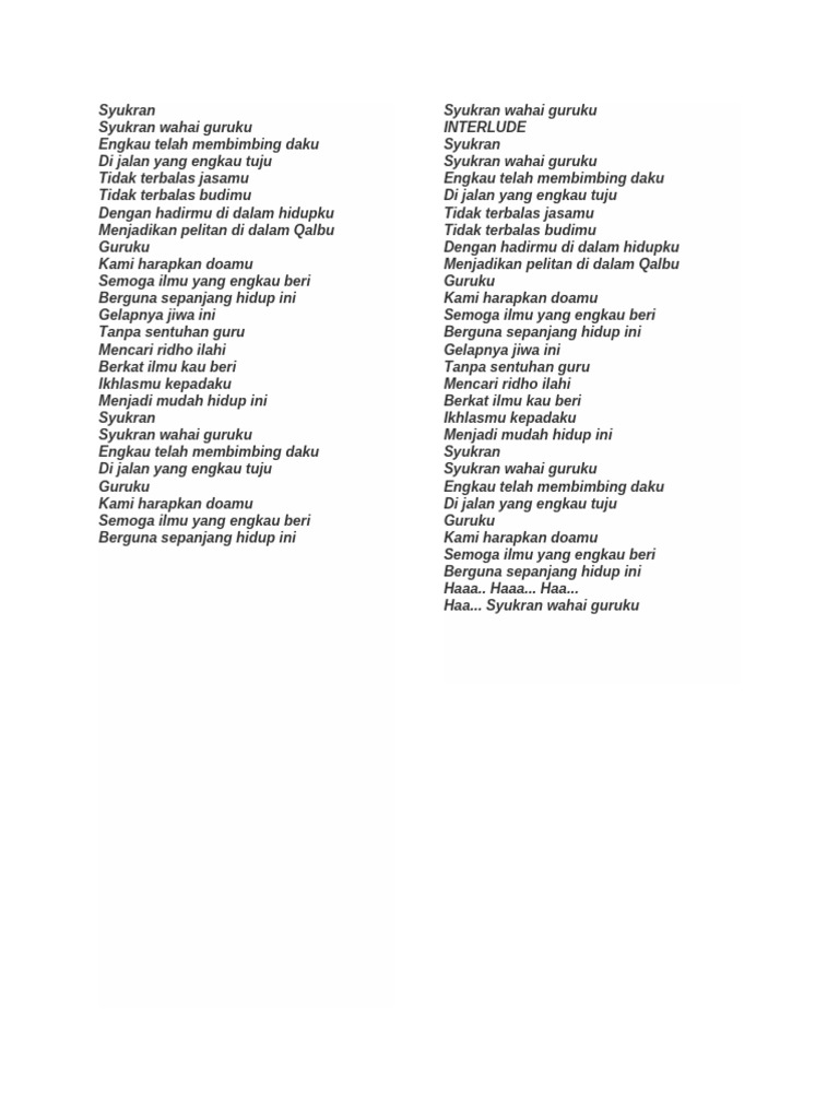 Lirik Lagu Syukron Wahai Guruku | PDF