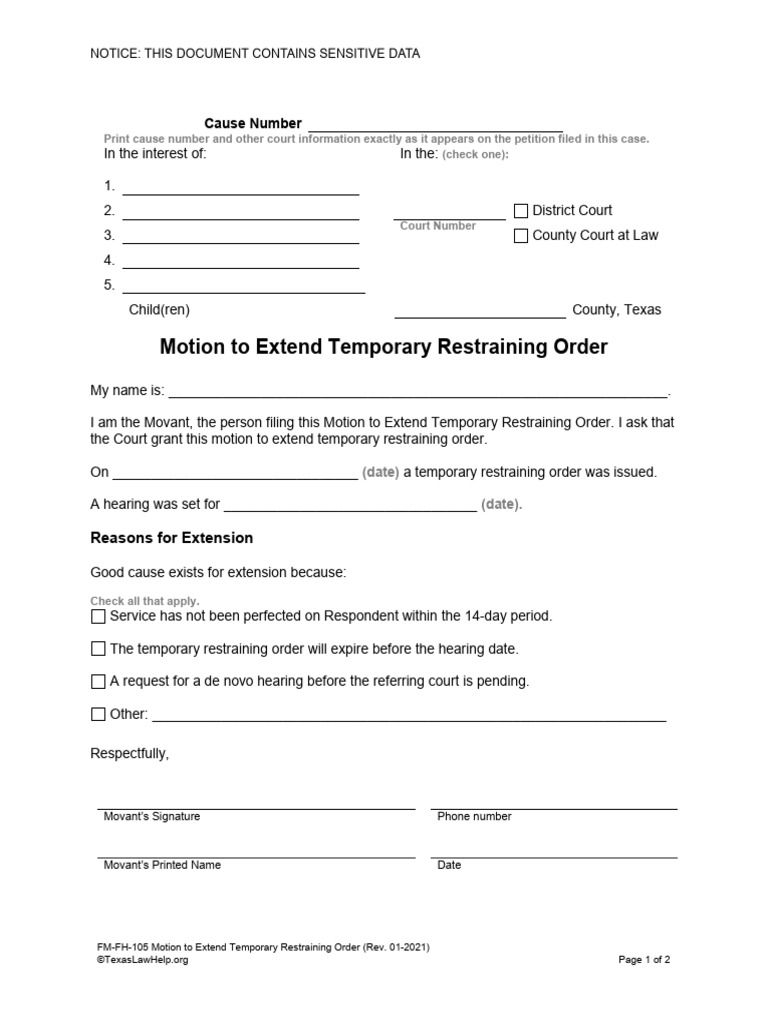 Motion to Extend Restraining Order Form | PDF | Restraining Order