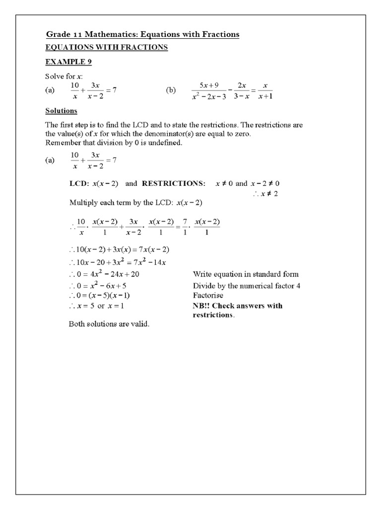 Equations with Fractions for Grade 11 | PDF