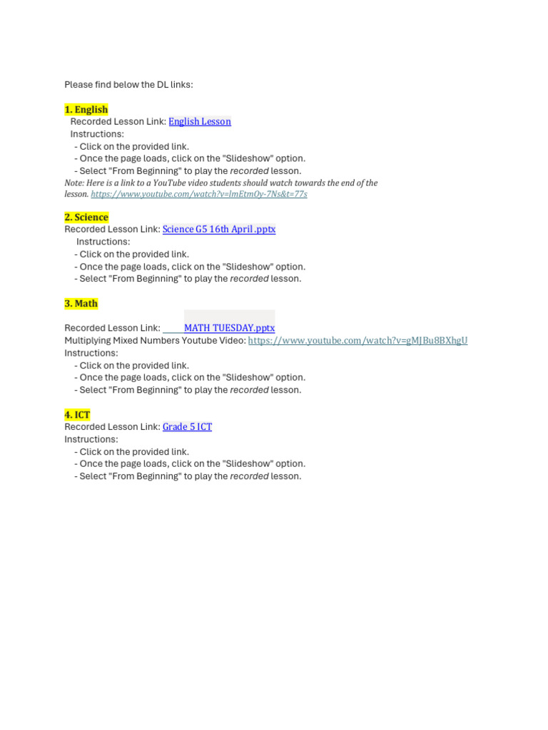 Recorded Lessons for Grade 5 Students | PDF