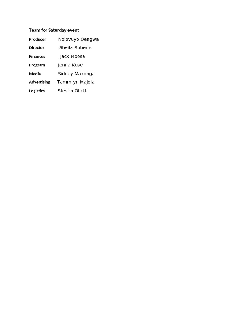 Saturday Event Team Roster | PDF