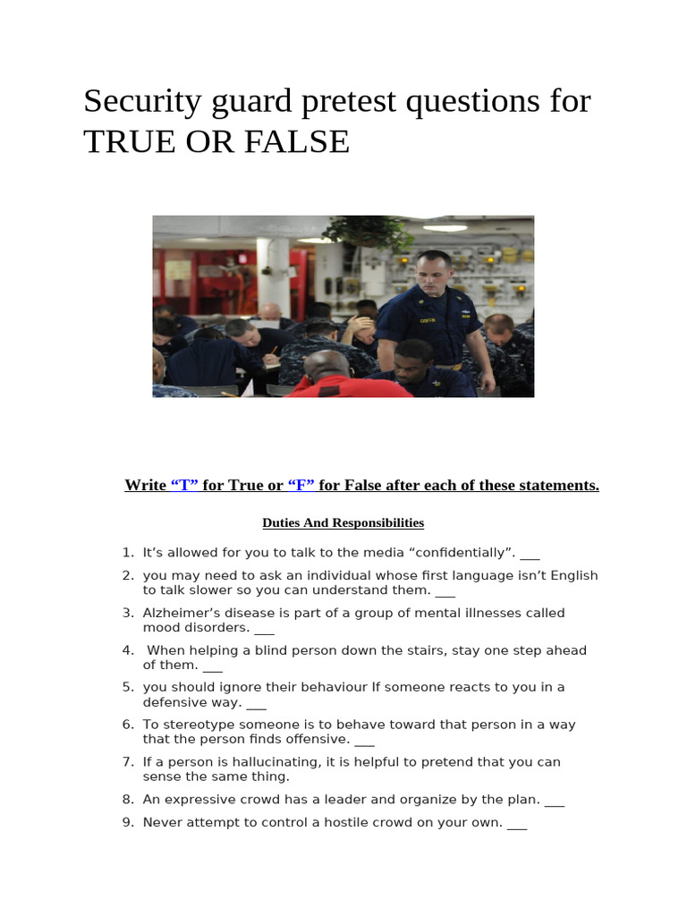 Security Guard Pretest: True or False | PDF | Access Control | Security ...