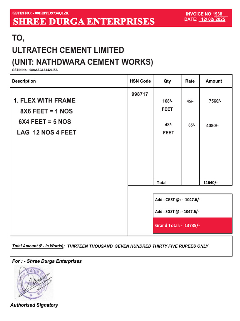 Invoice for Ultratech Cement Order | PDF