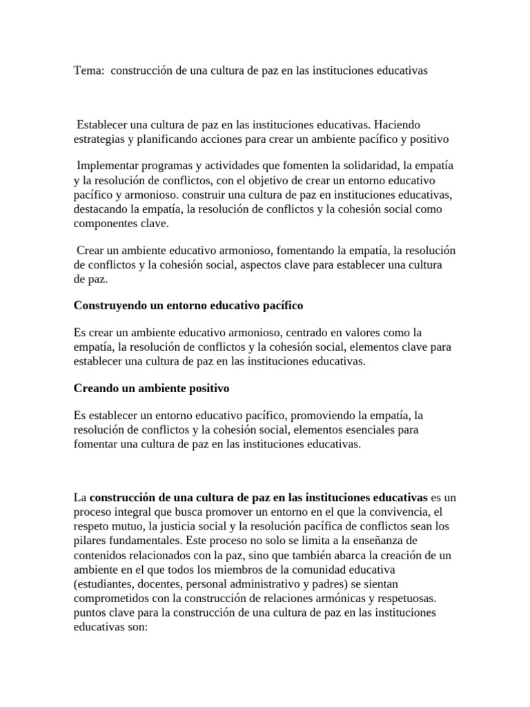 Cultura de Paz en Instituciones Educativas | PDF | Escuelas | Paz