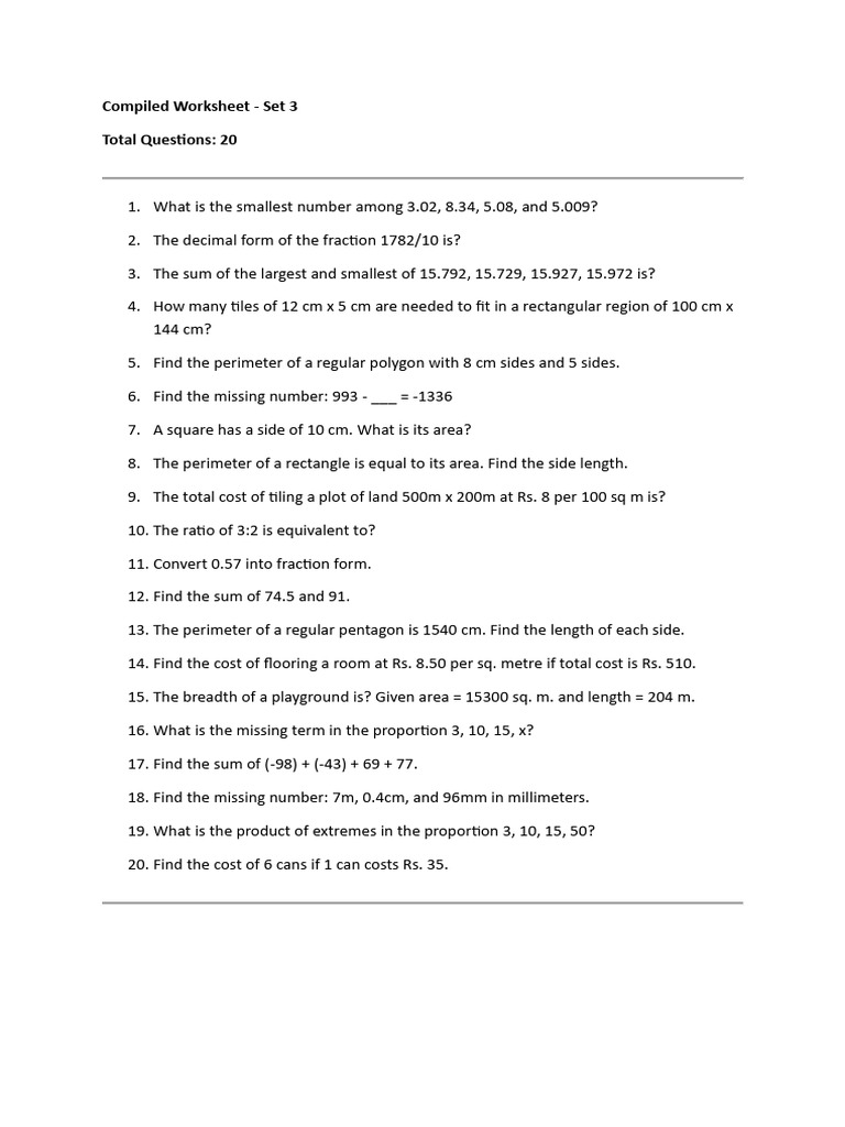 Math Worksheet - Set 3 Questions | PDF