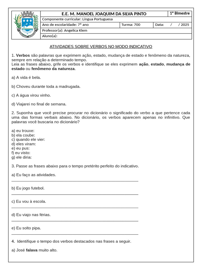 Atividades de Verbos no Modo Indicativo | PDF