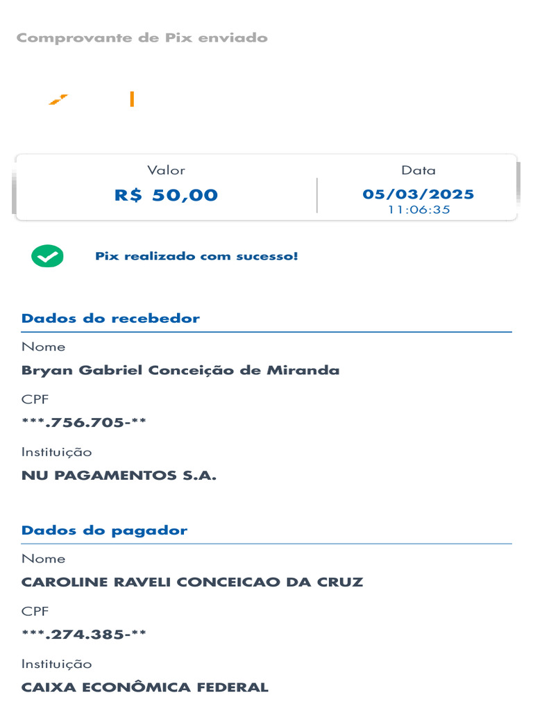 Comprovante de Transação Pix - R$ 50,00 | PDF