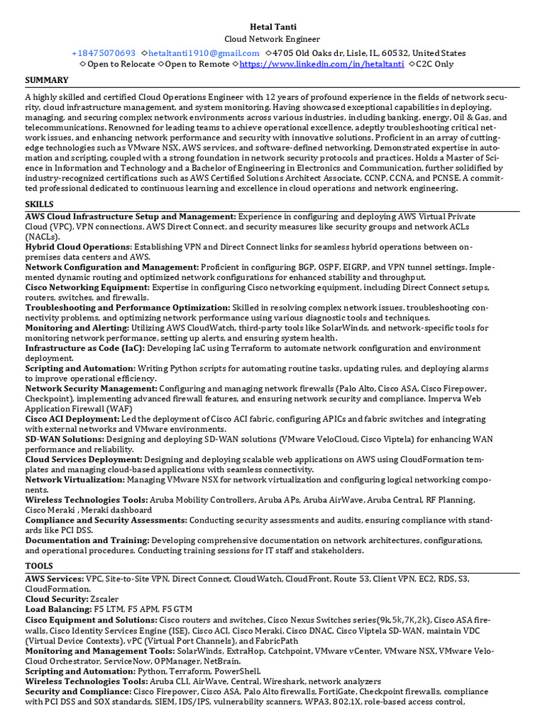 Cloud Network Engineer Resume Summary | PDF | Computer Network | Security