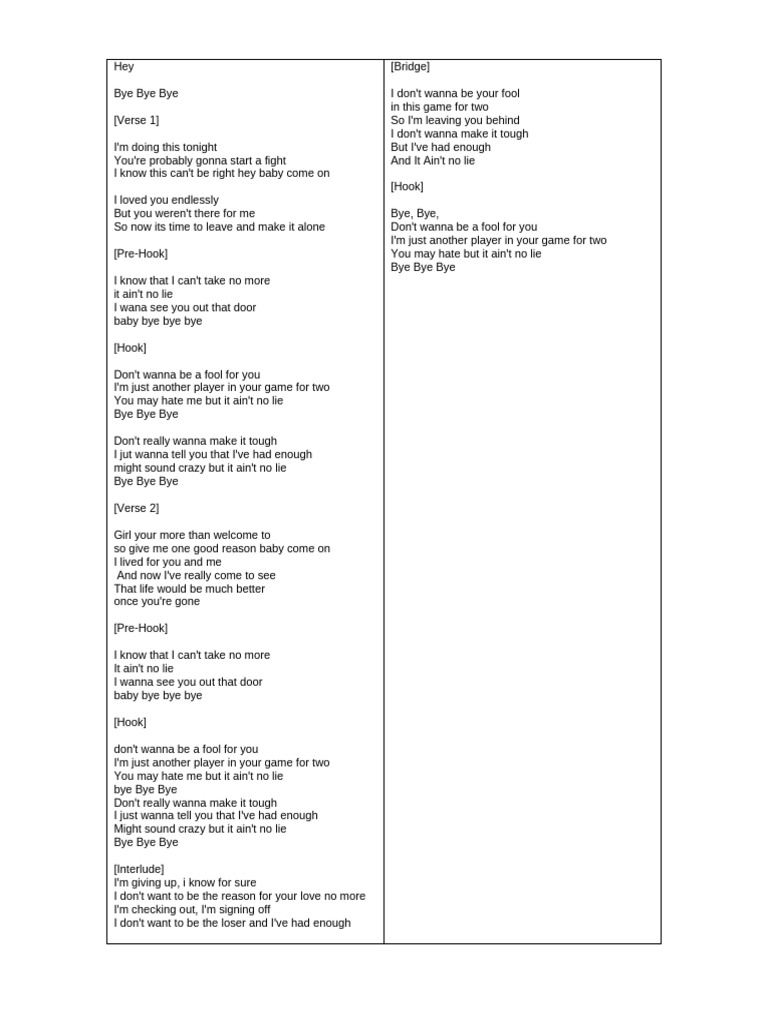 "Bye Bye Bye Lyrics Analysis" | PDF