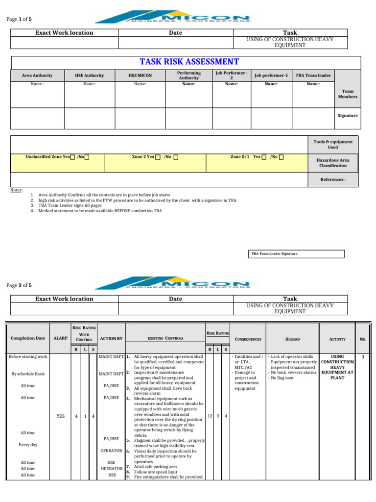 Heavy Equipment Task Risk Assessment | PDF | Safety