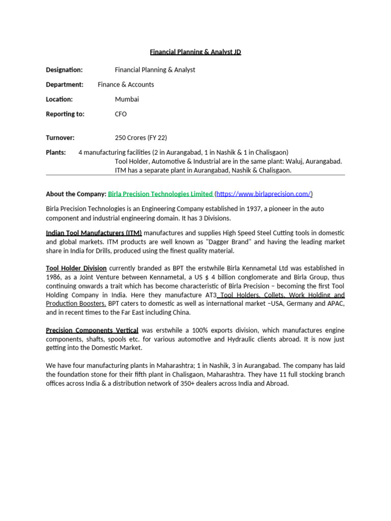 Financial Planning Analyst Job Description | PDF | Budget | Business