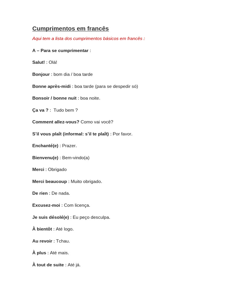 Cumprimentos Básicos em Francês | PDF
