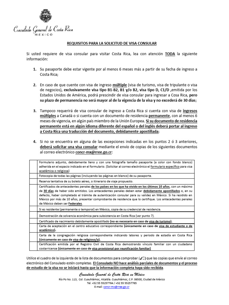 Requisitos de Visa Consular Costa Rica | PDF | Visa de viaje