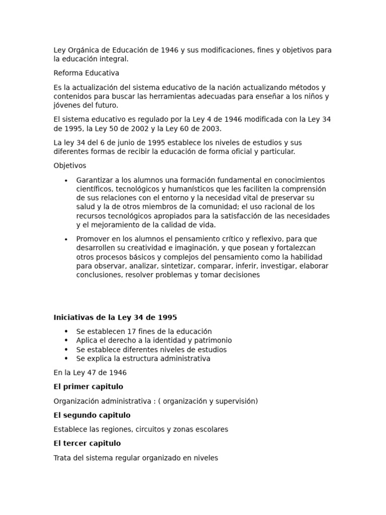 Reforma Educativa y Ley de Educación 1946 | PDF | Pensamiento ...