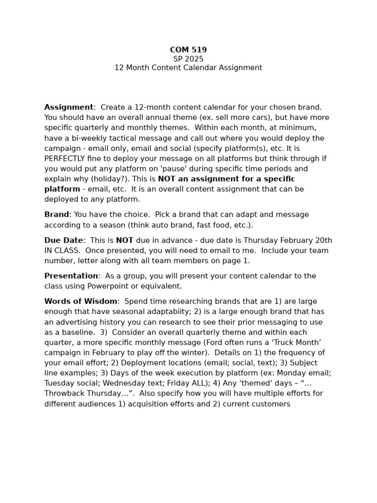 12 Month Content Calendar Assignment PDF