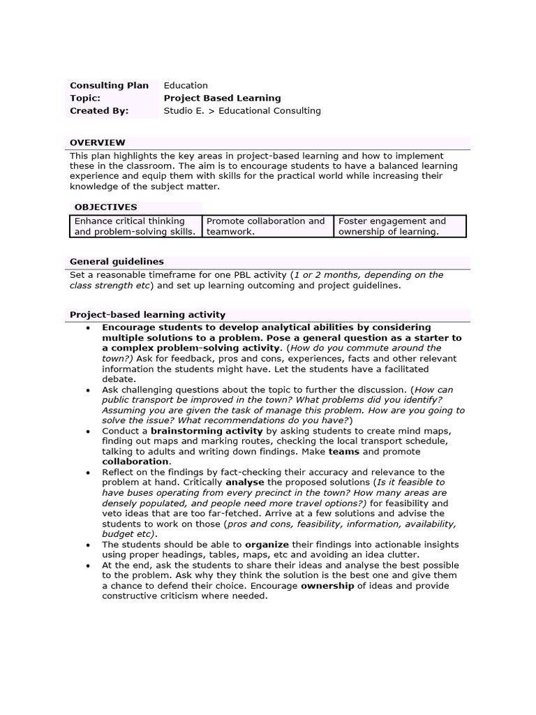 Project-Based Learning Implementation Guide | PDF | Project Based ...