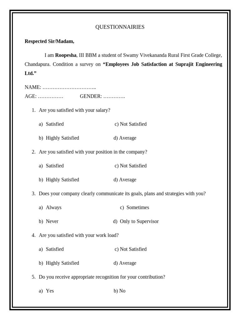 Questionnaire - Employees Job Satisfaction | PDF | Labor | Social Policy