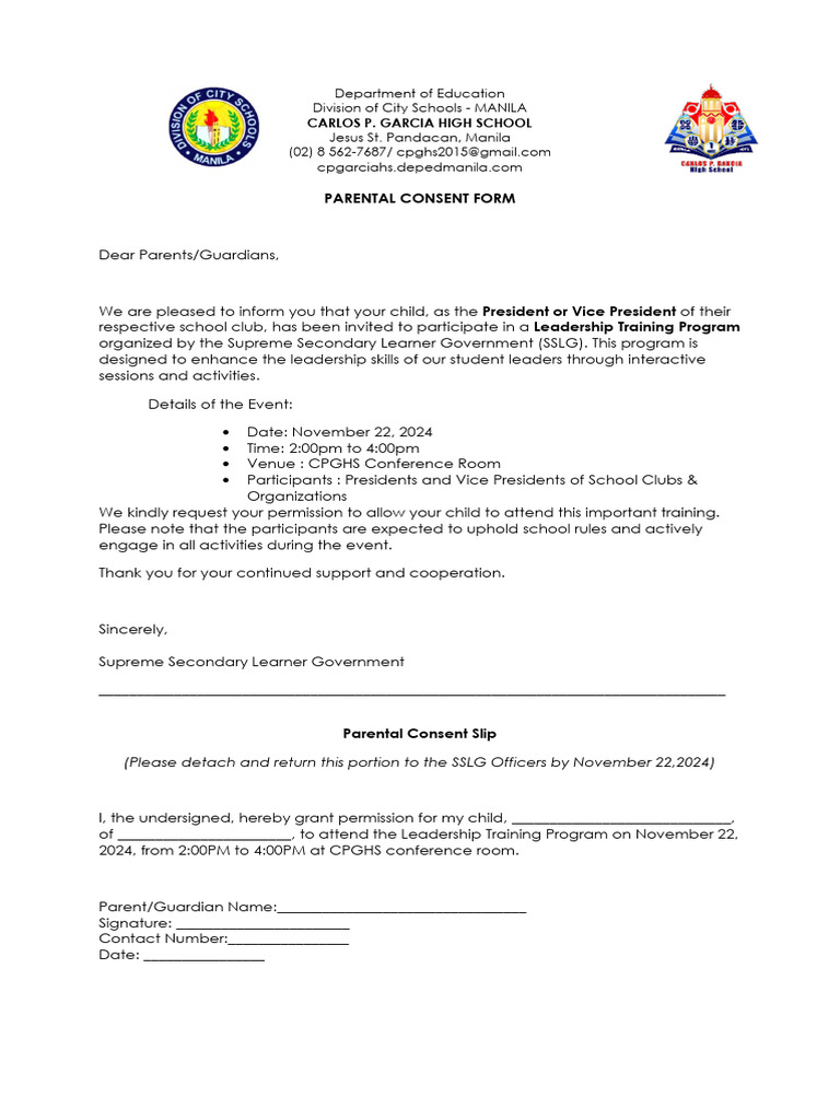 Leadership Training Parental Consent Form | PDF